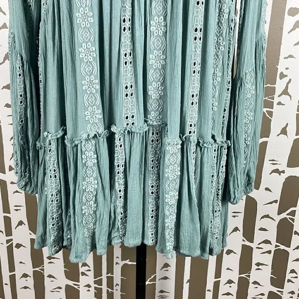 Free People Sage Green Gauze Eyelet Boho Top XS